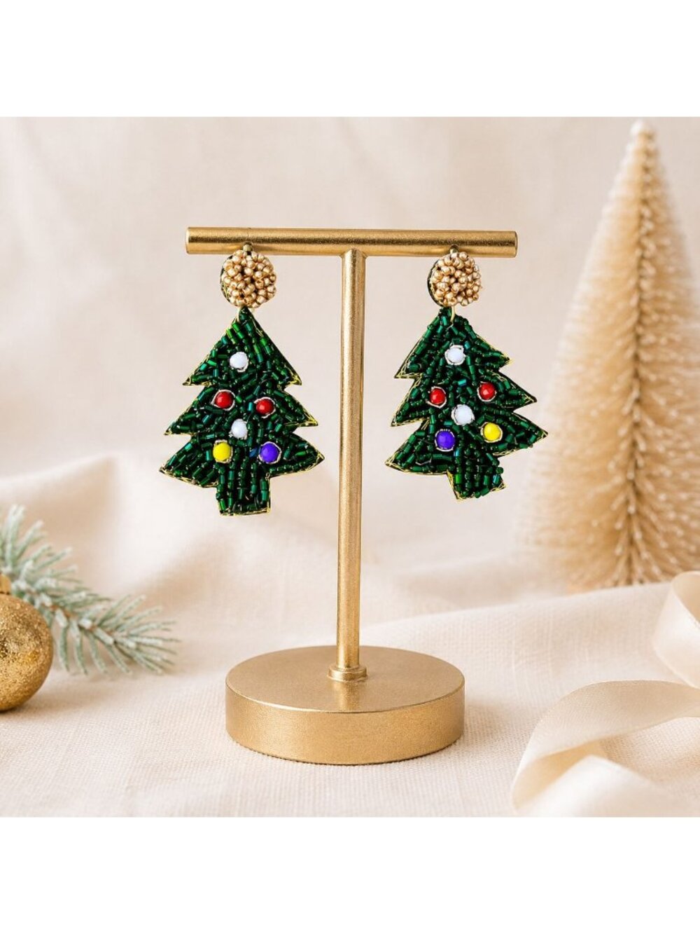 Artisan Beaded Christmas Tree Earrings Holiday Statement Dangle Green Jewelry